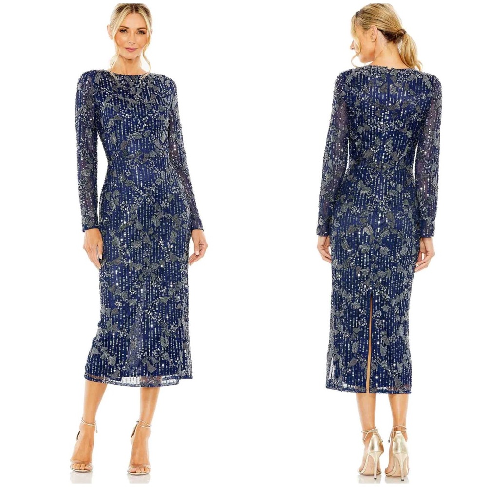 Mac Duggal Embellished High Neck Long Sleeve Midi Dress
Size 12 Brand NWT